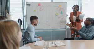 Équipe discutant d'une stratégie en salle de réunion devant un tableau blanc
