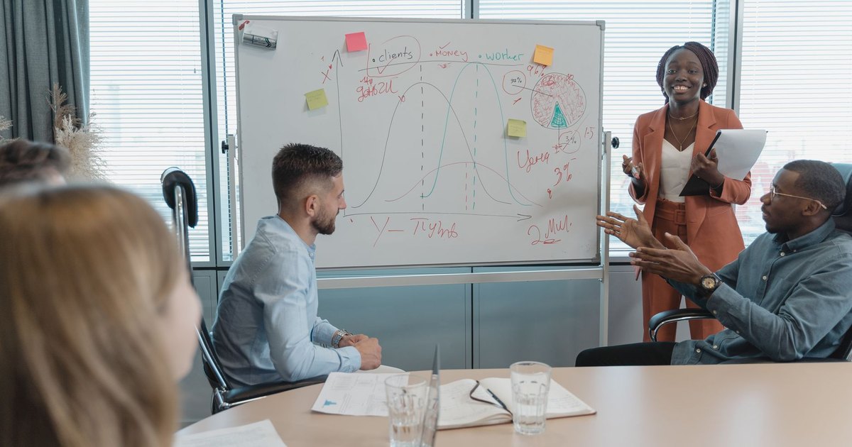 Équipe discutant d'une stratégie en salle de réunion devant un tableau blanc